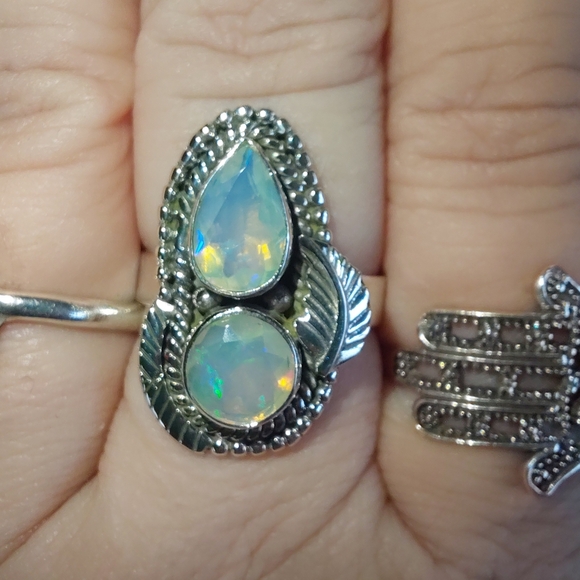 Ethiopian Opal Teardrop & Round Cut Sterling Silver Statement Ring - Picture 6 of 16